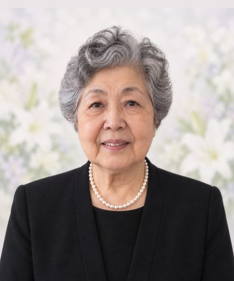 同じ女性の遺影の見本。笑顔・黒の喪服