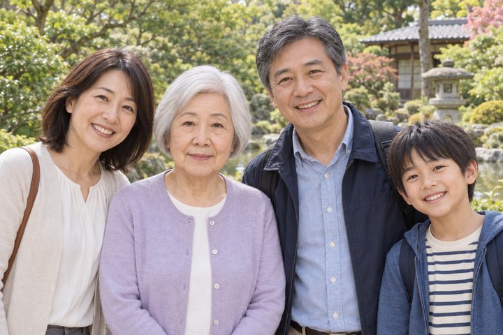 庭園で、銀髪の女性と家族3人が並んで写った横長の写真（架空の人物）
