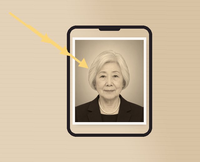 額から出した古い遺影を、スマホで撮る様子の図（架空の人物）。スマホの画面に遺影が収まっている