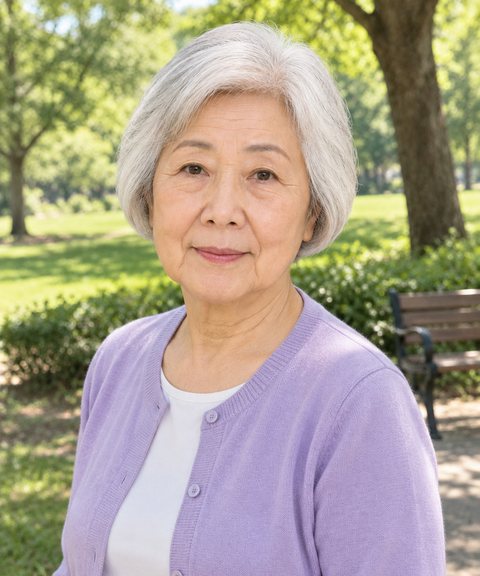公園で撮った、淡い藤色のカーディガンの銀髪の女性のスナップ写真（架空の人物）