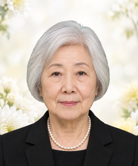 背景を「菊の花」にした遺影の見本（架空の人物）